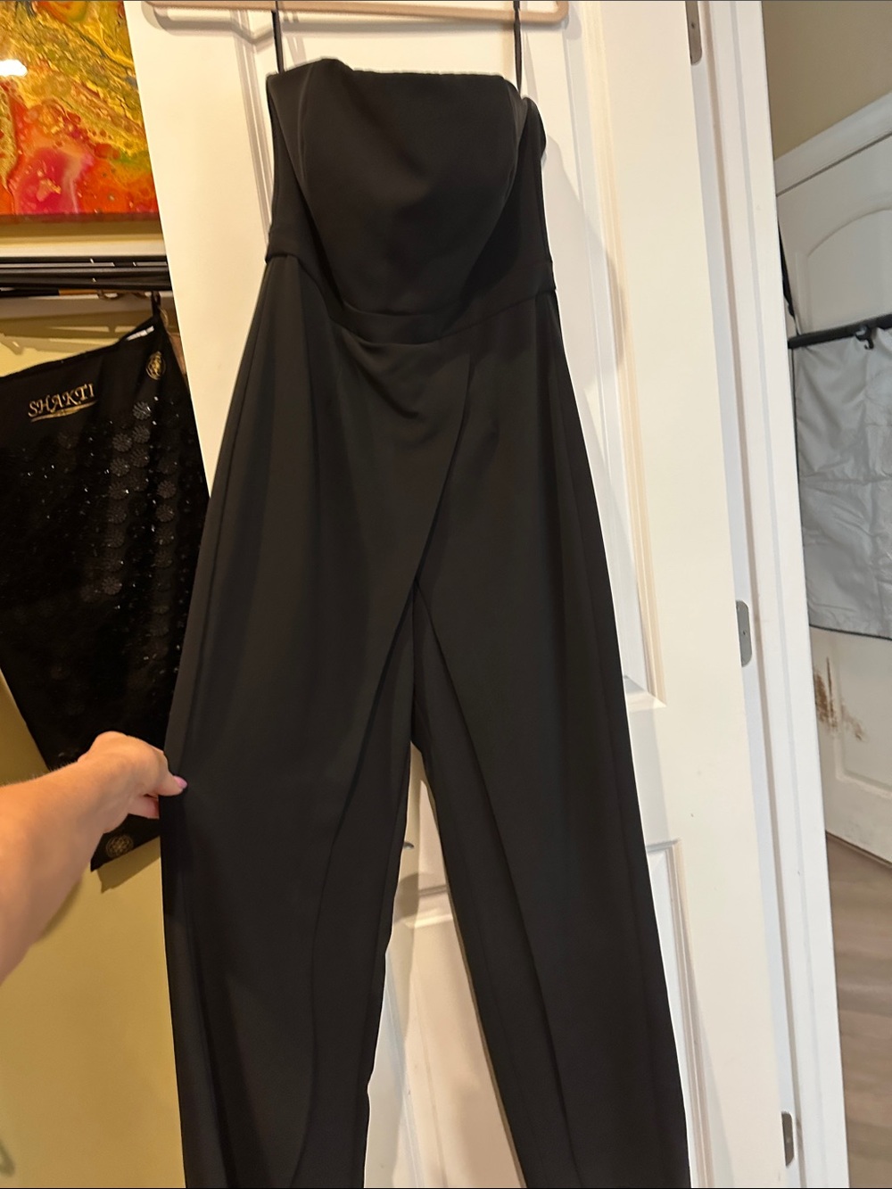 White House Black Market Strapless Black Wide-Leg Jumpsuit with Draped Front